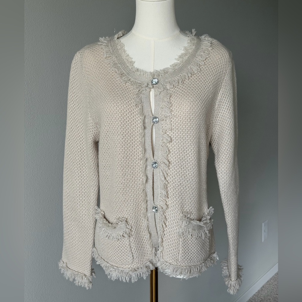 Roz & Ali Ivory Fringed Metallic 30% Wool Soft Cardigan-Boho Coastal Lagenlook-M
